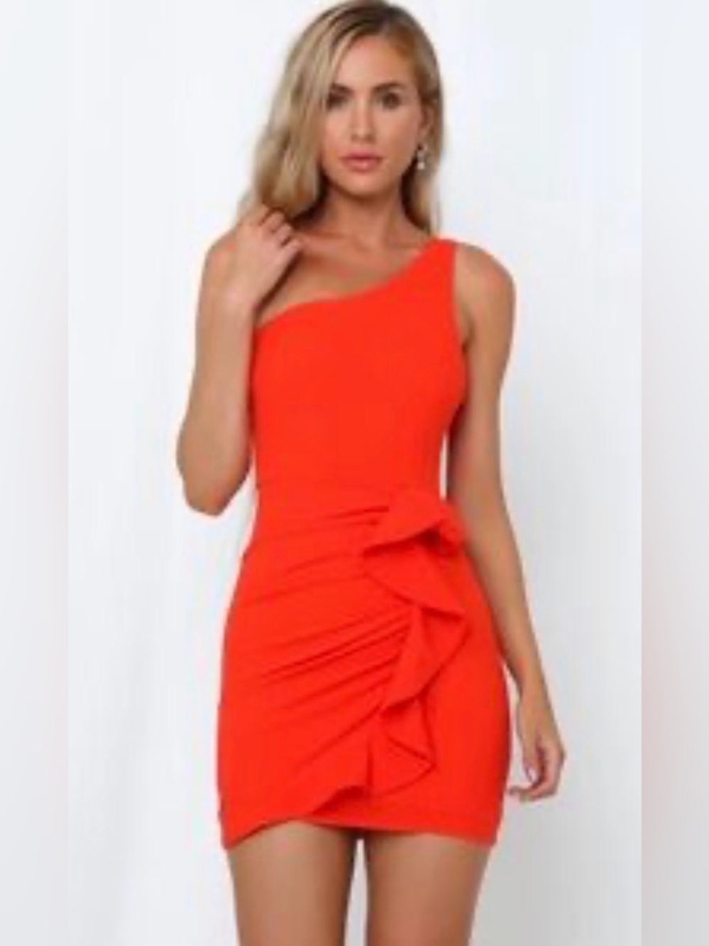 Hello Molly One-Shoulder Orange Ruffle Bodycon Dress